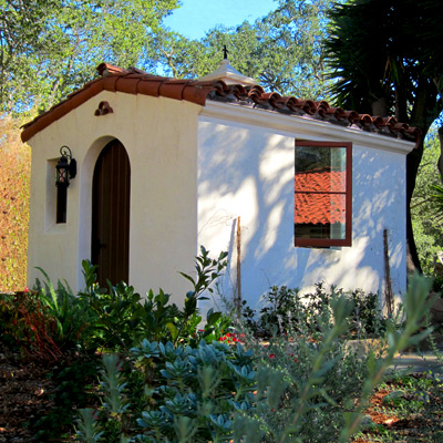 a Premier Spanish Shed Design by Santa Barbara Home Designer Jeff Doubét is Newly Planted out with Drought Tolerant Landscaping in a Montecito California Garden