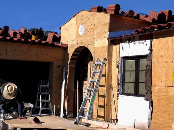 A construction photo of a small Spanish style entry tower of a small Santa Barbara, California home being remodeled.