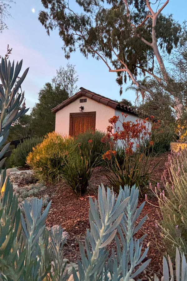 A red tile roof garden shed set within a santa barbara landscape with succulents
